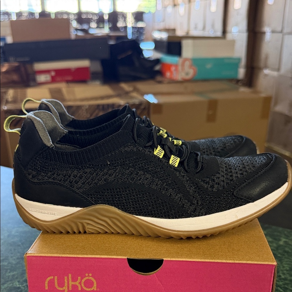 Ryka Black Knit Athletic Sneaker with Gum Sole and Yellow Accents - Picture 2 of 5